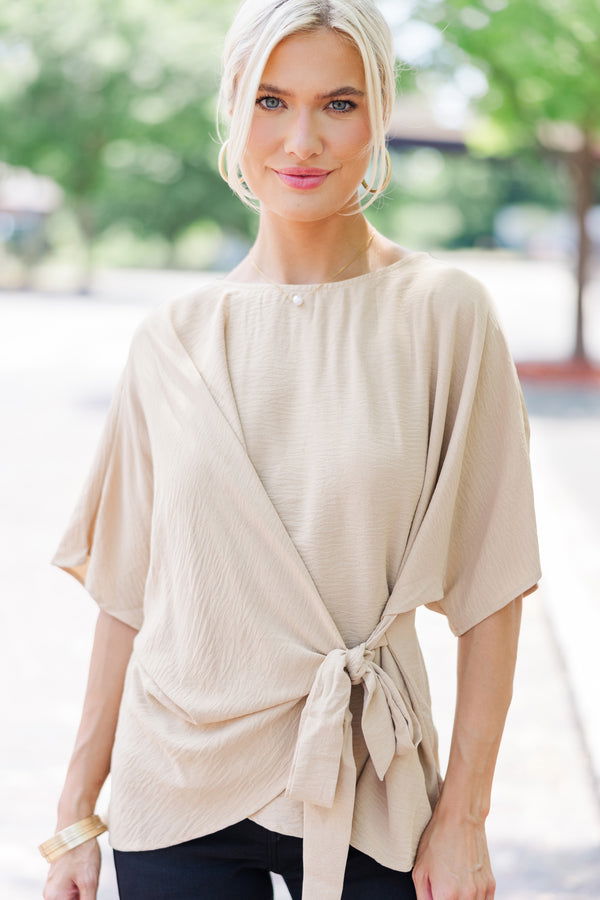 Happy Thoughts Taupe Brown Tied Blouse