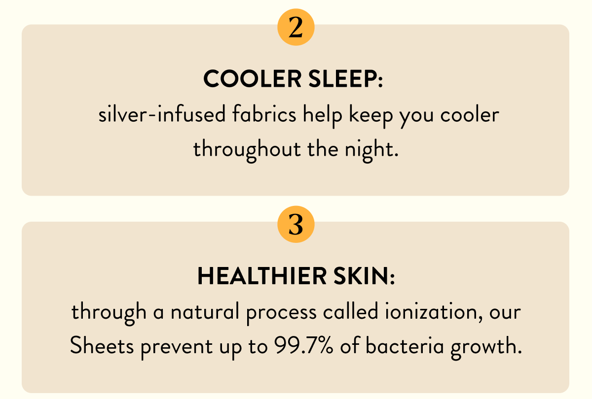 COOLER SLEEP: silver-infused fabrics keep you cooler throughout the night. | 3. HEALTHIER SKIN: through a natural process called ionization, our Sheets prevent up to 99.7% of bacteria growth.