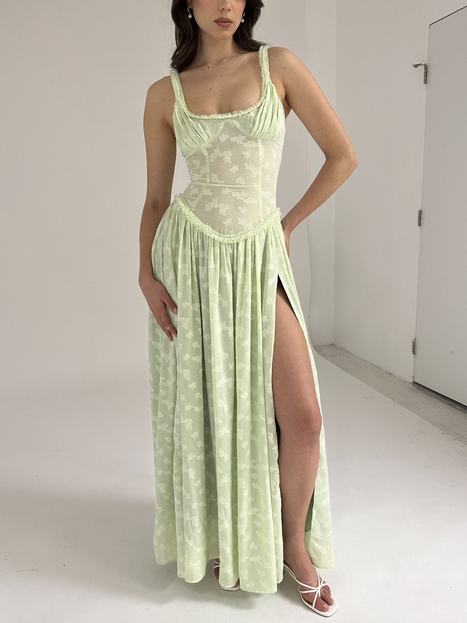 Ulissa Light Green Square Neck Jacquard Textured High Slit Maxi Dress