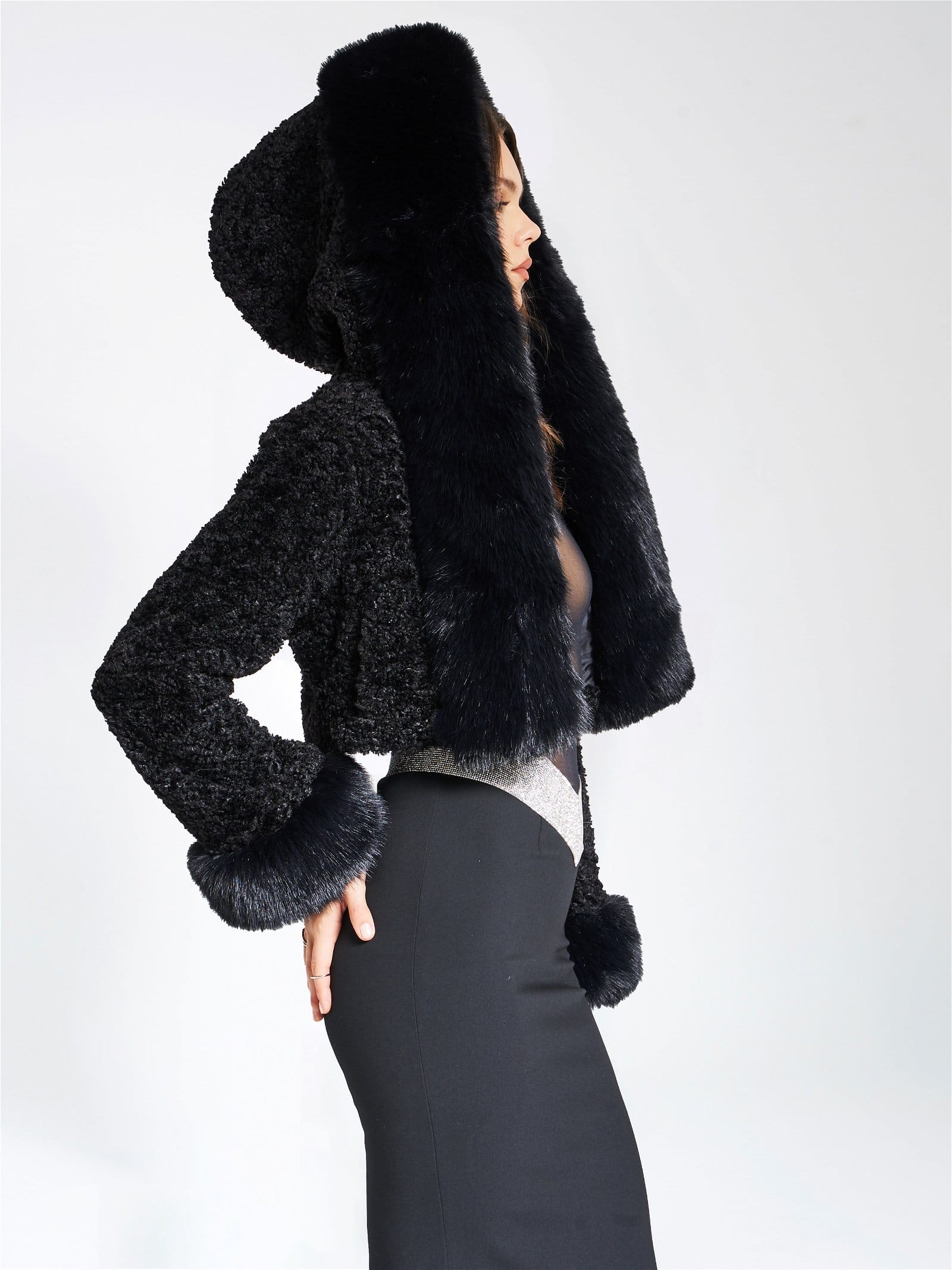 Kali Black Cropped Faux Fur Jacket With Hood