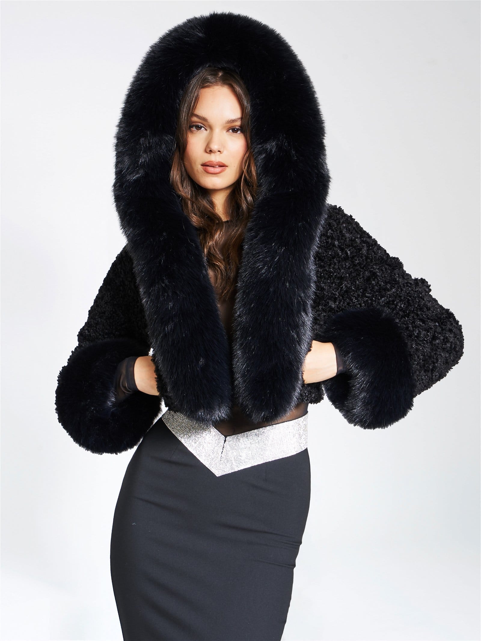 Kali Black Cropped Faux Fur Jacket With Hood