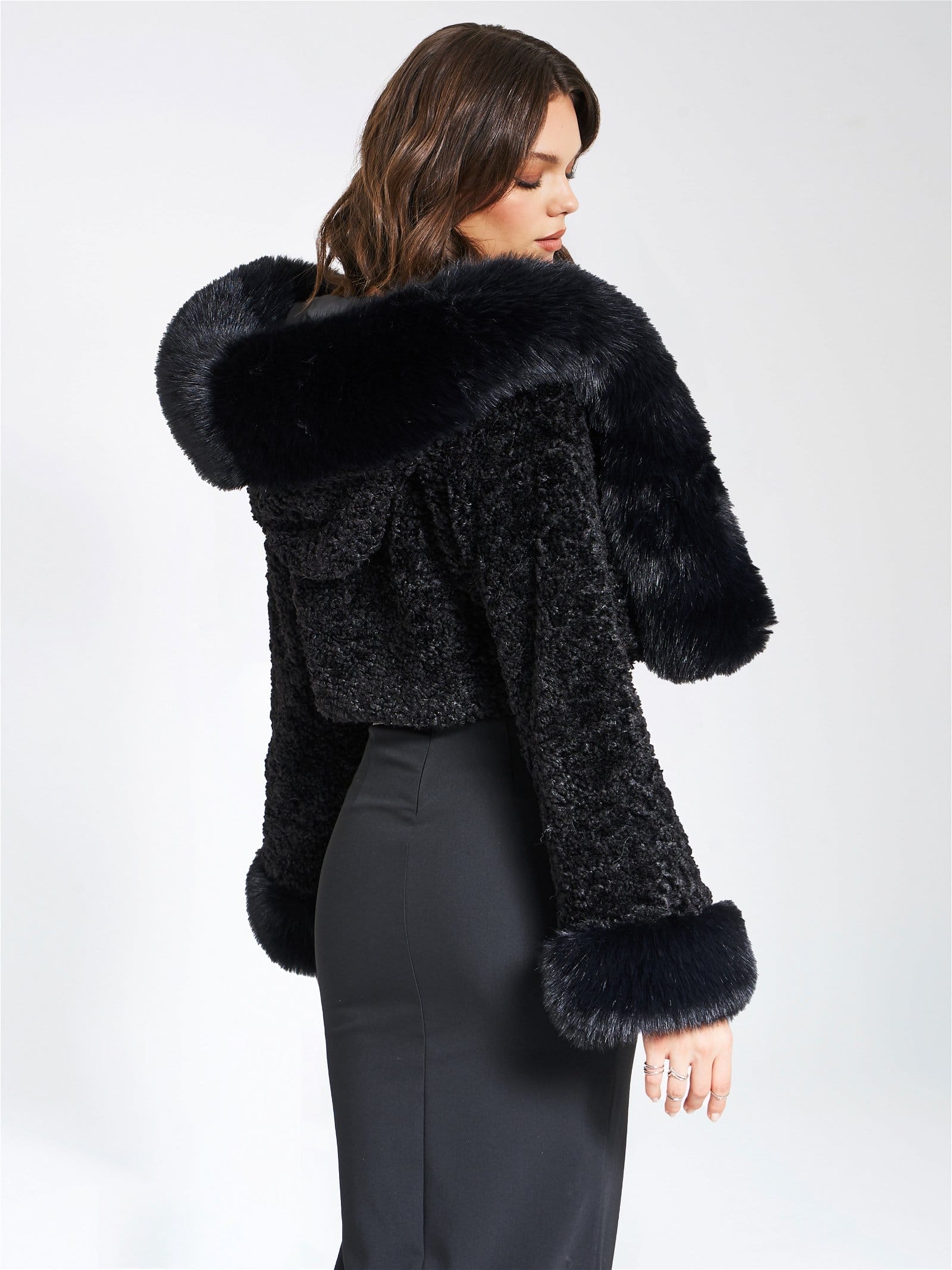 Kali Black Cropped Faux Fur Jacket With Hood