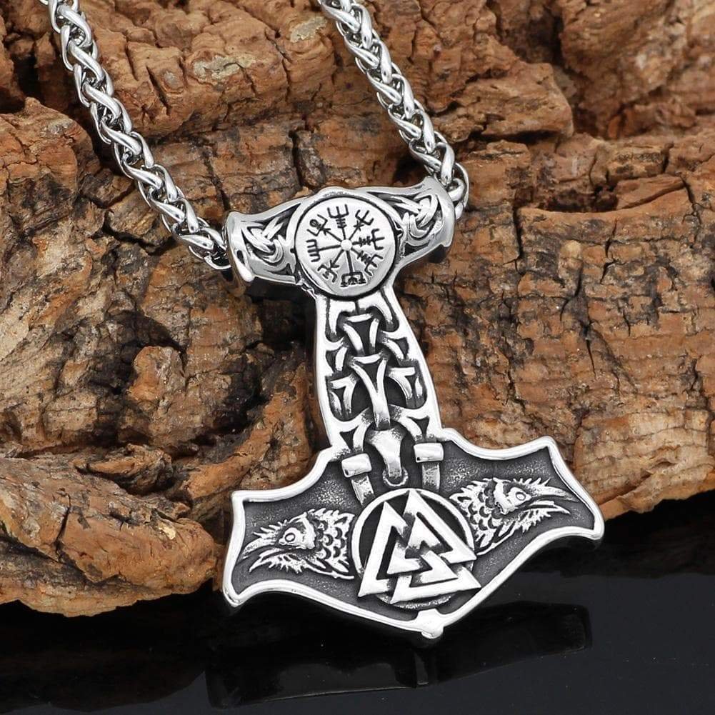 Image of Viking Ravens Valknut And Aegishjalmur Mjolnir Necklace