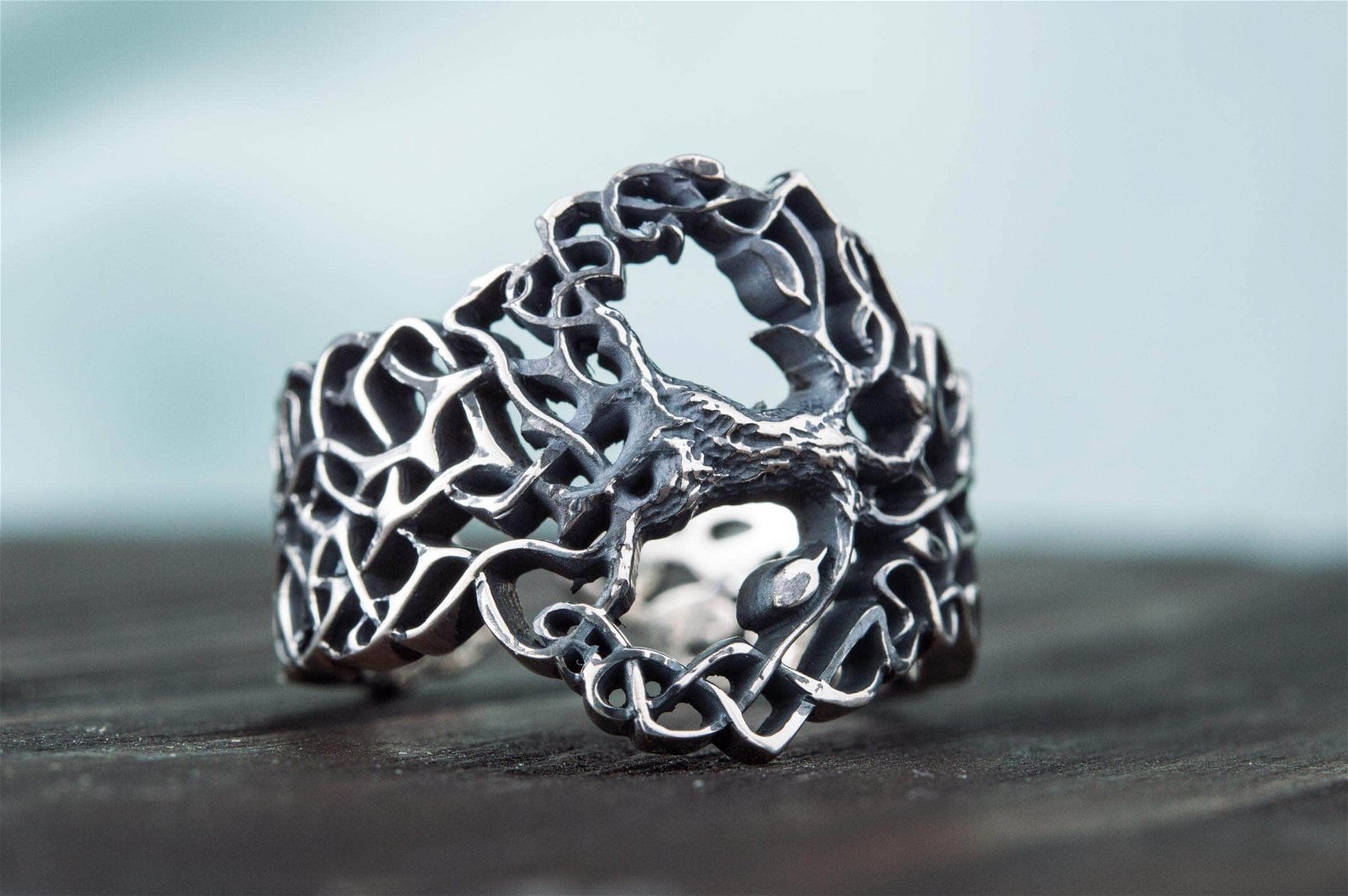 Image of Yggdrasil Ring with Ornament Sterling Silver Unique Norse Jewelry