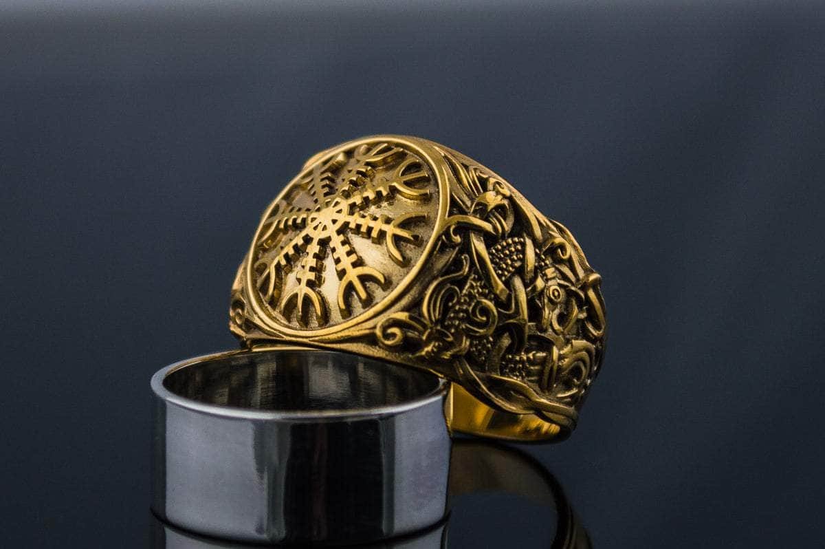 Image of 14K Gold Helm of Awe Ring with Mammen Ornament Viking Jewelry