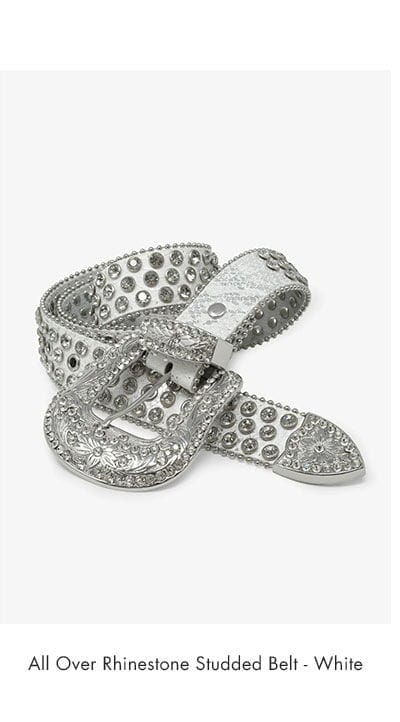 Allover Rhinestone Studded Belt White