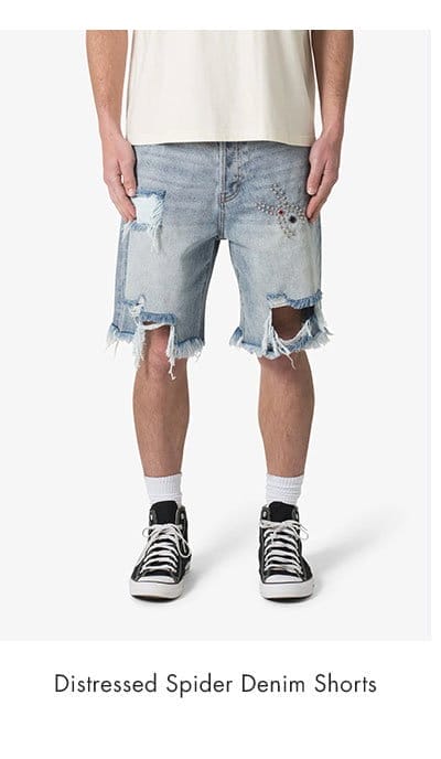 DISTRESSED SPIDER DENIM SHORTS LIGHT BLUE