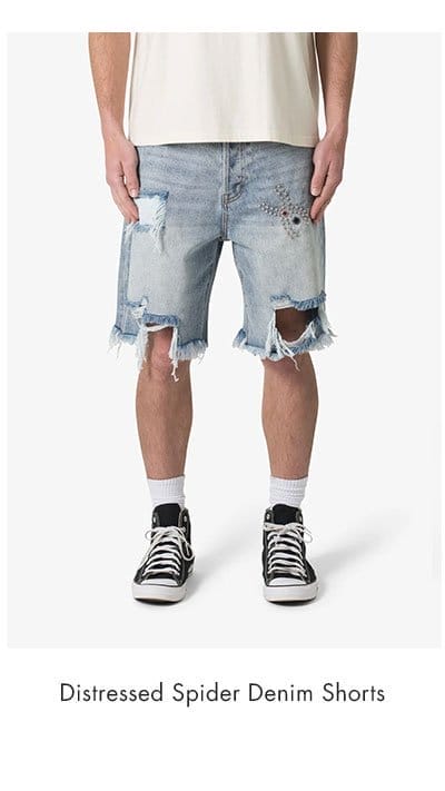 DISTRESSED SPIDER DENIM SHORTS LIGHT BLUE