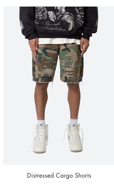 DISTRESSED CARGO SHORTS CAMO