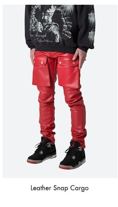LEATHER SNAP CARGO PANTS RED