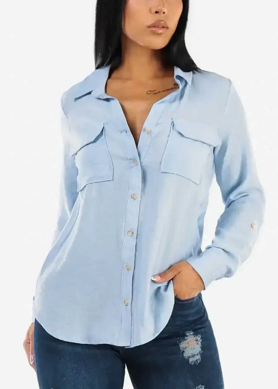 Image of Button Down Long Sleeve Shirt Light Blue w Pockets