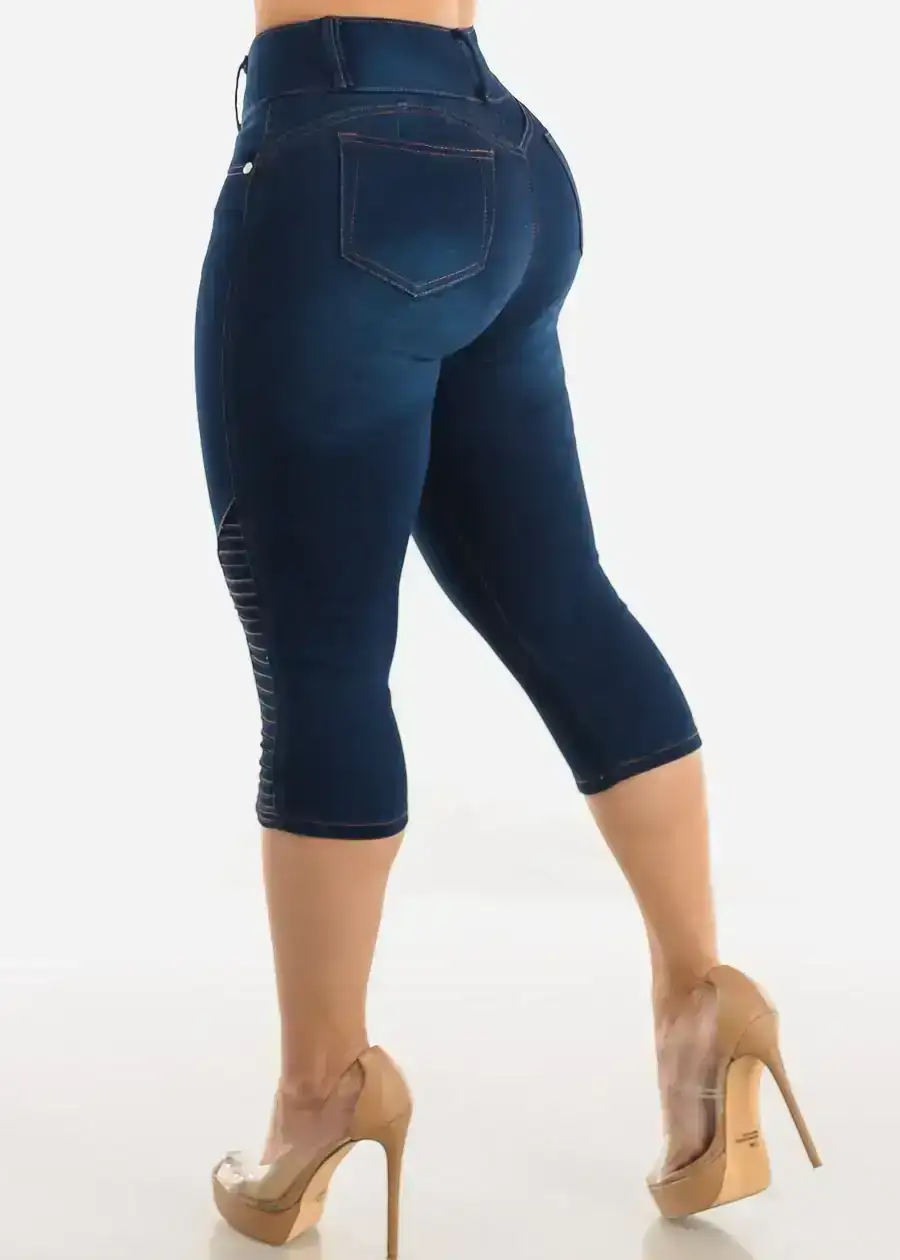 Image of High Rise Butt Lifting Moto Dark Denim Capris