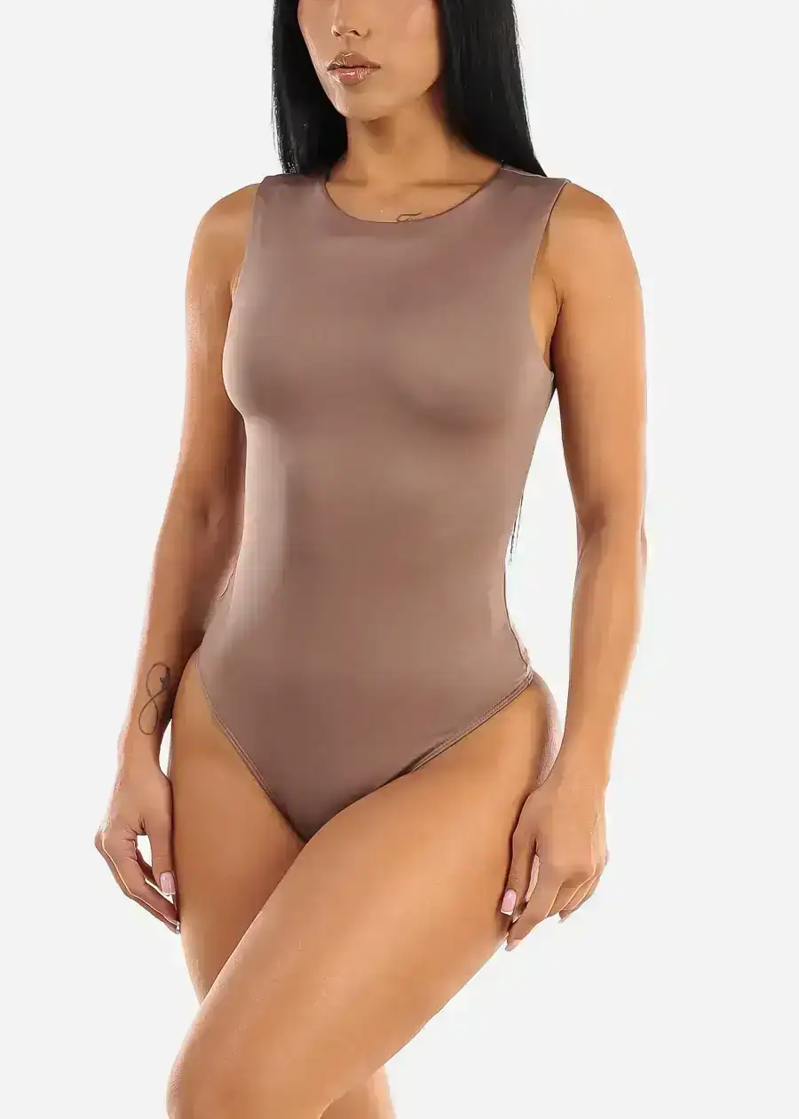 Image of Sleeveless Crewneck Thong Bodysuit Brown