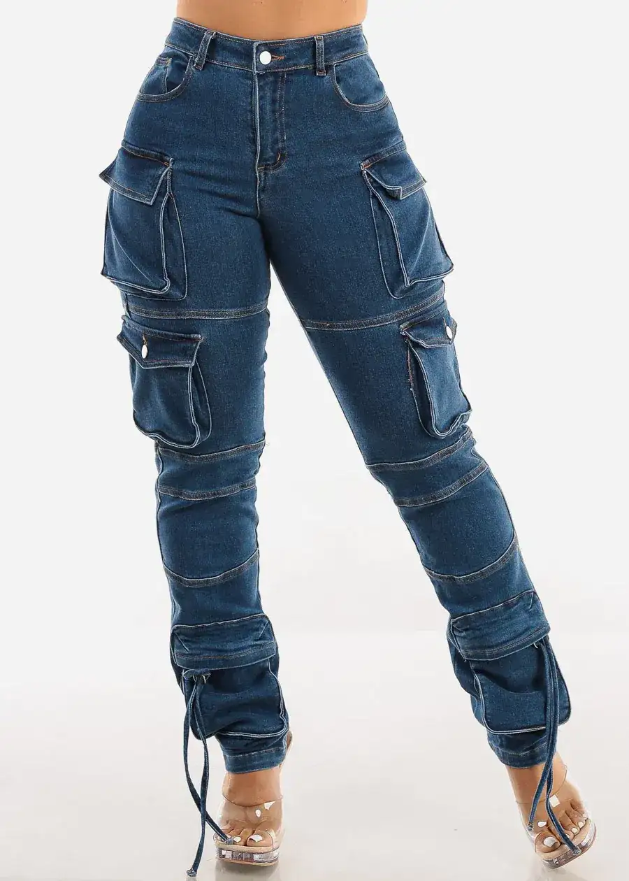 Image of Super High Waist Med Wash Cargo Jeans