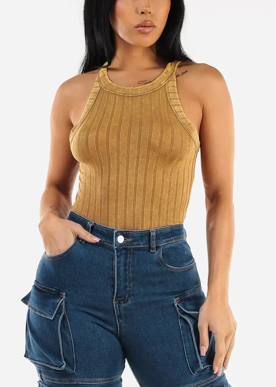 Image of Crewneck Ribbed Cami Top Red Mustard