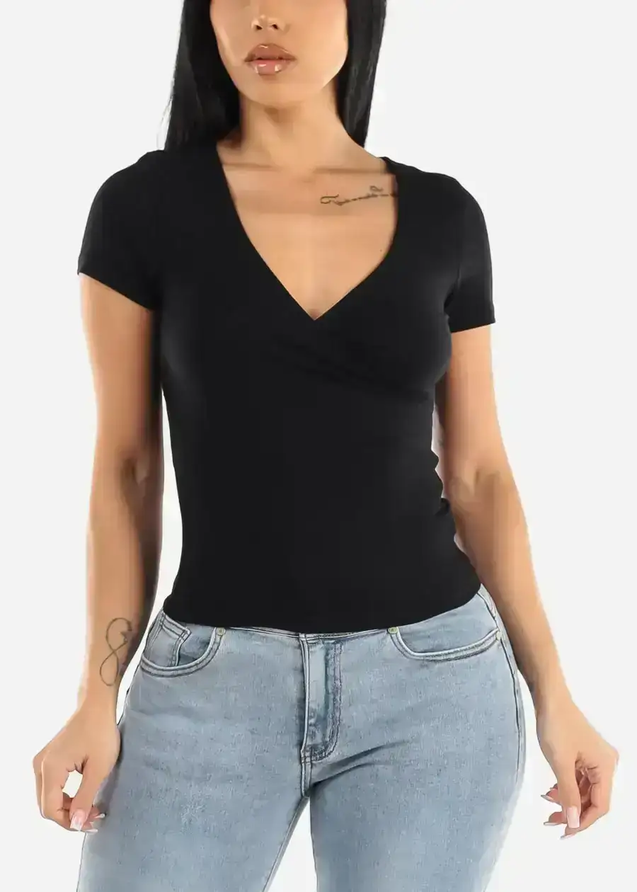 Image of Black Short Sleeve Surplice Ribbed Top