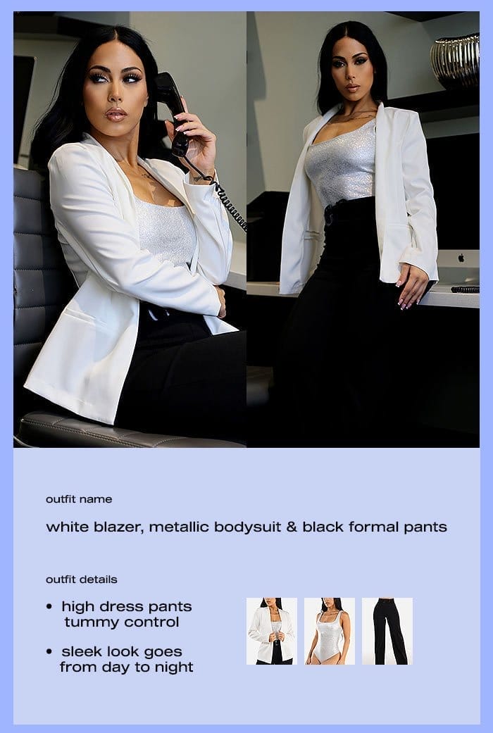 White Blazer, Metallic Bodysuit, & Black Formal Pants Outfit