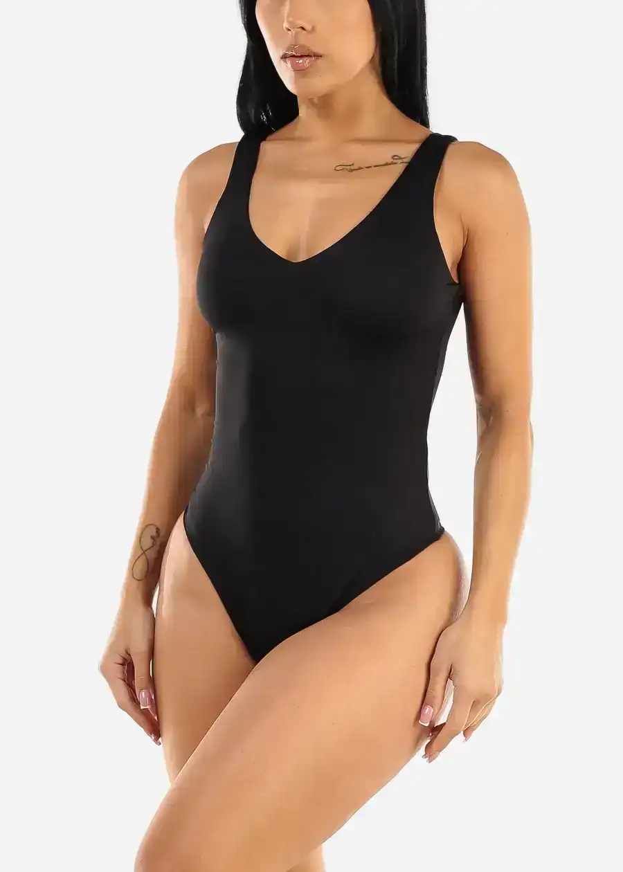 Image of Seamless Black Vneck Sleeveless Thong Bodysuit