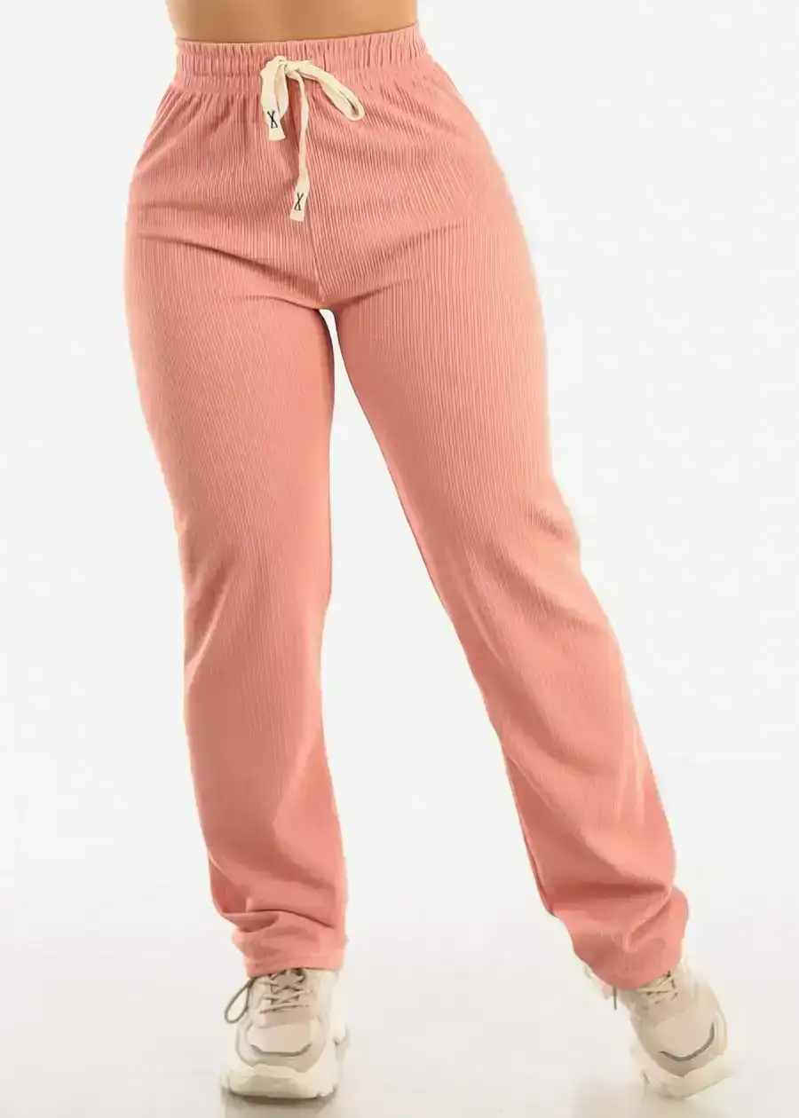 Image of High Drawstring Waist Rib Knit Straight Leg Pants Pink