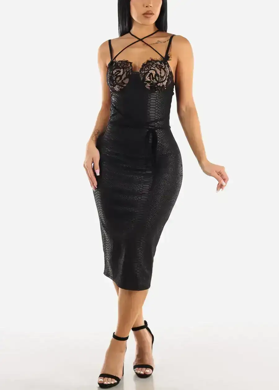 Image of Strappy Lace Bust Vegan Leather Midi Dress