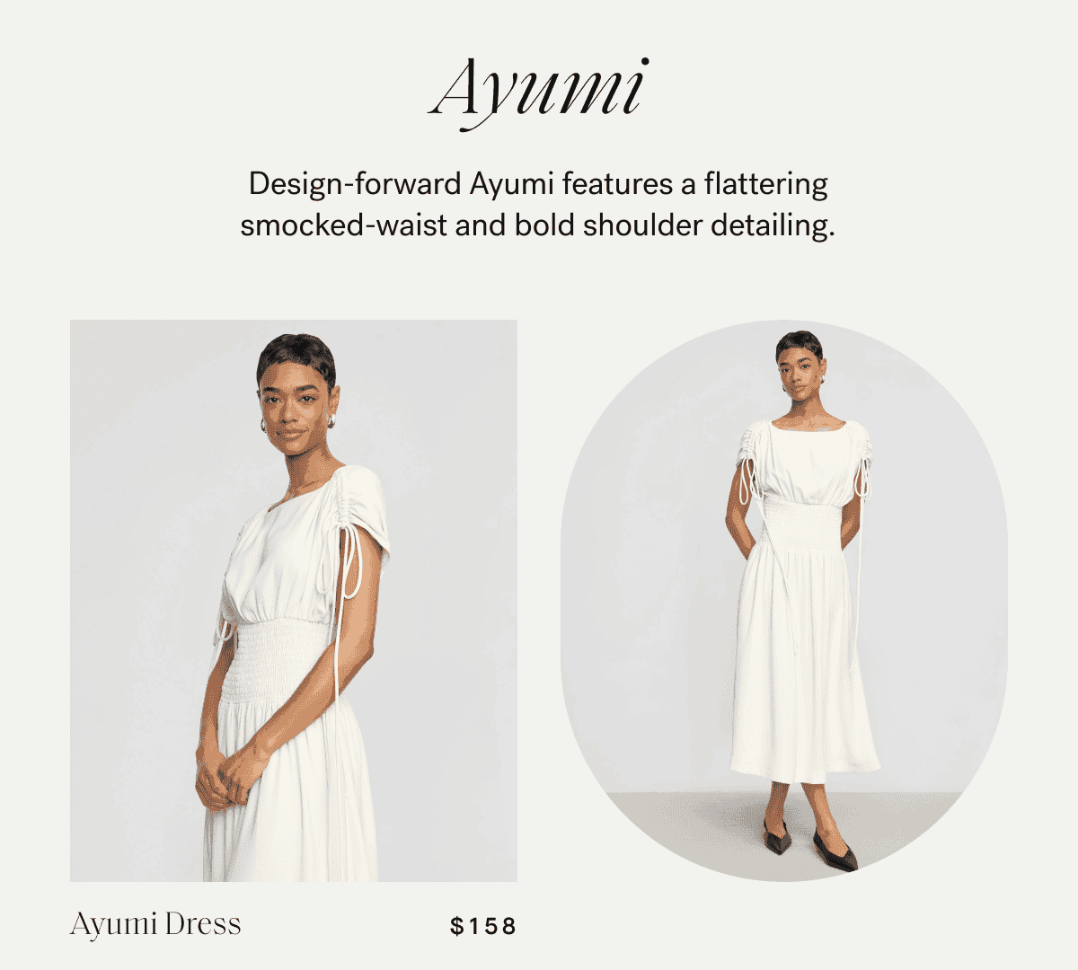 Ayumi — Design-forward Ayumi features a flattering smocked-waist and bold shoulder detailing.