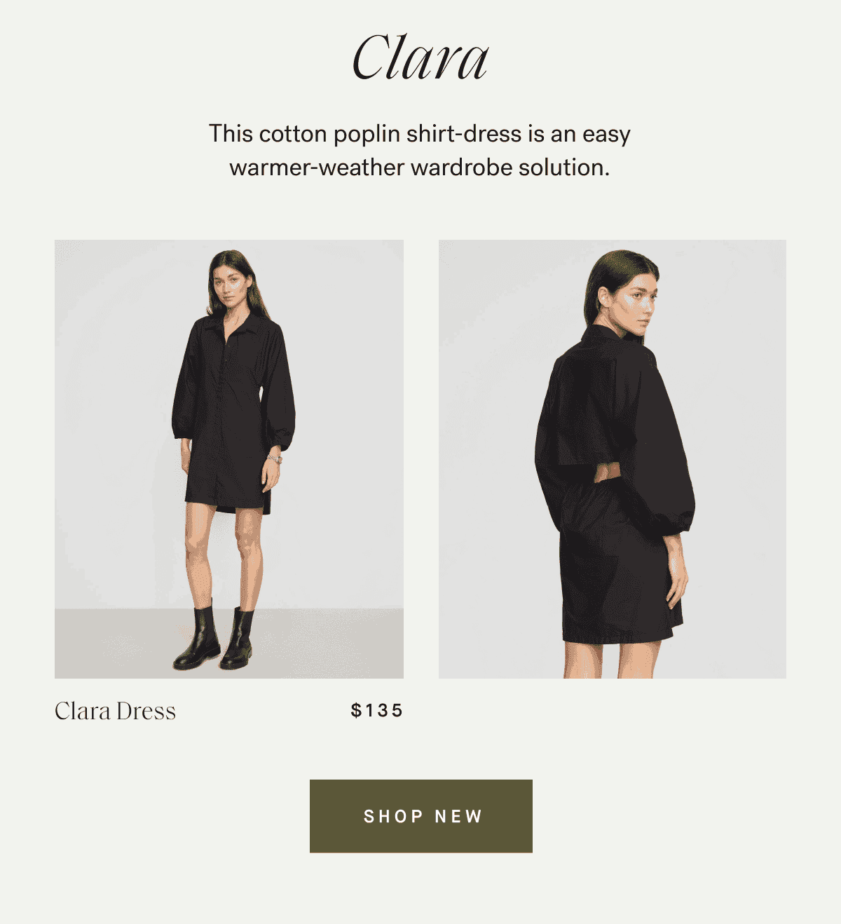 Clara —\xa0This cotton poplin shirt-dress is an easy warmer-weather wardrobe solution.