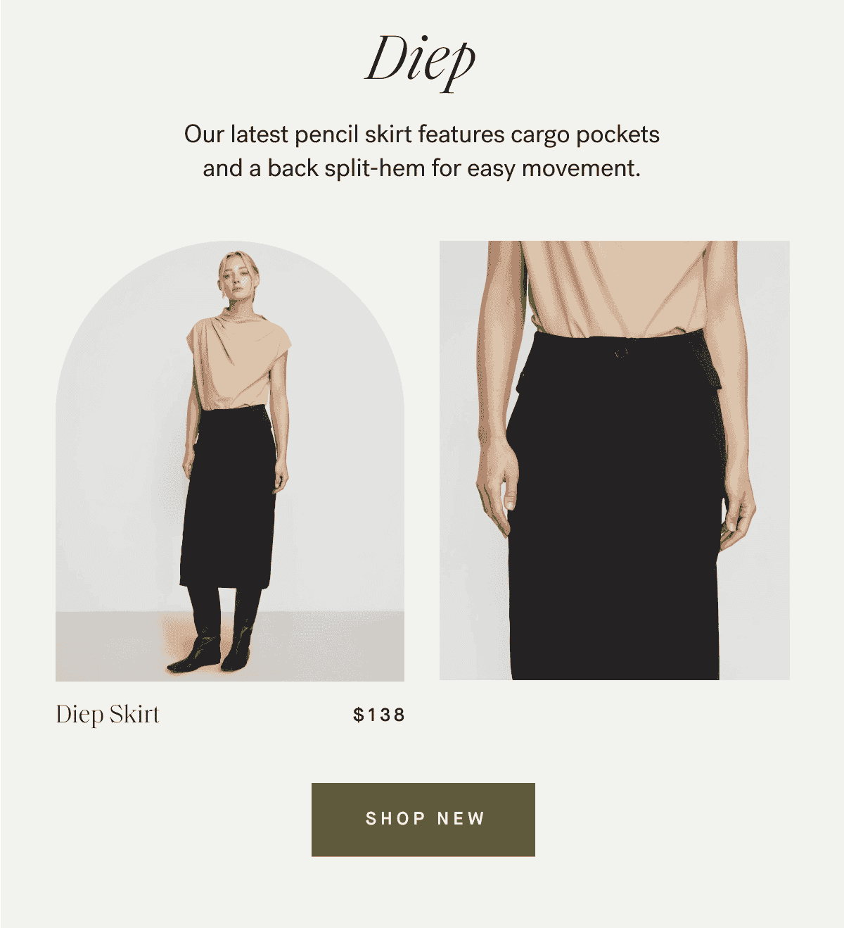 Diep — Our latest pencil skirt features cargo pockets and a back split-hem for easy movement.