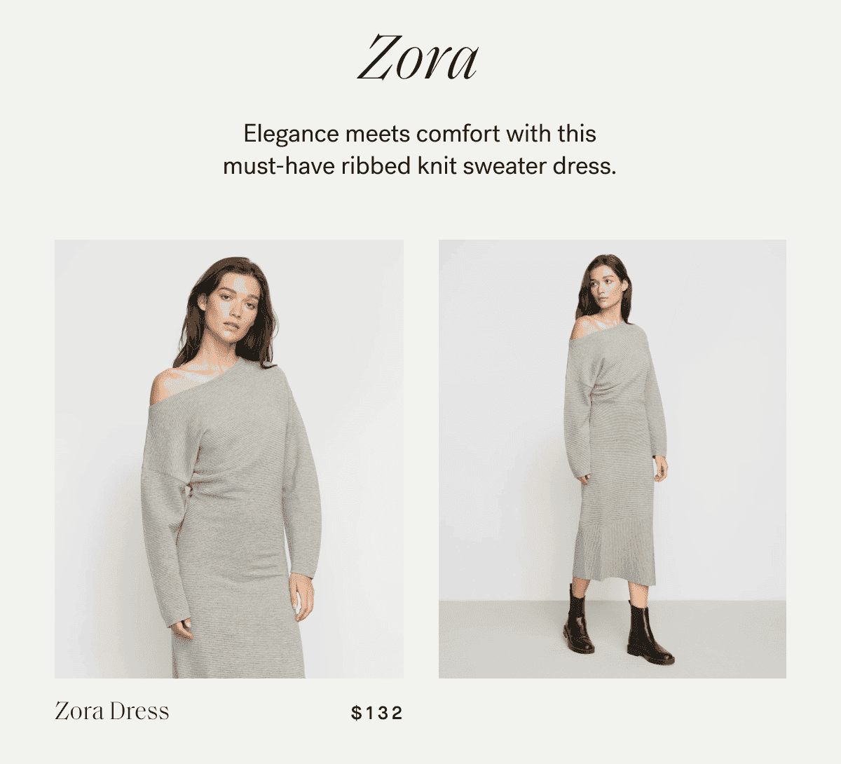 Zora — Elegance meets comfort with this must-have ribbed knit sweater dress.