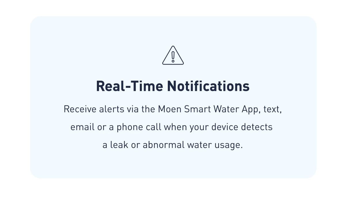 Real-Time Notifications | Receive alerts via the Moen Smart Water App, text, email or a phone call when your device detects a leak or abnormal water usage. 