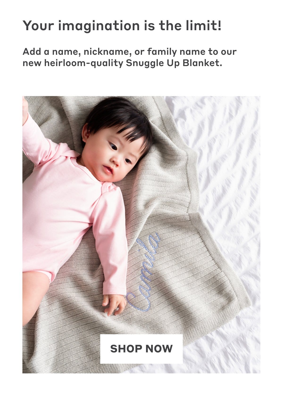 Your imagination is the limit! Add a name, nickname, or family name to our new heirloom-quality Snuggle Up Blanket.