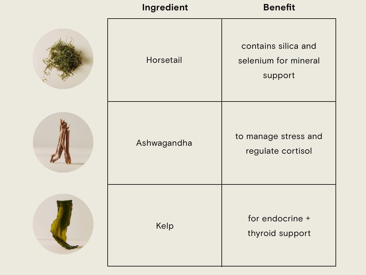 Horsetail contains silica and selenium for mineral support. Ashwagandha to manage stress and regulate cortisol. Kelp for endocrine + thyroid support.