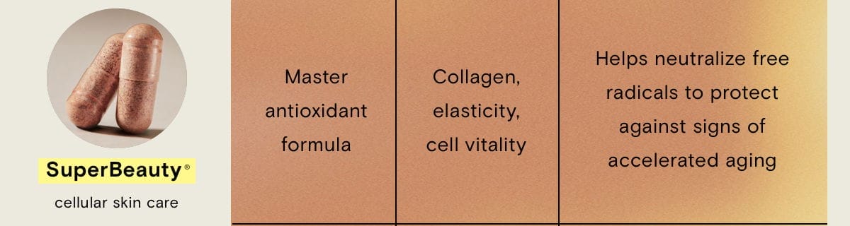 SuperBeauty cellular skin care What: Master antioxidant formula Why: Collagen, elasticity, cell vitality How: Helps neutralize free radicals to protect against signs of accelerated aging