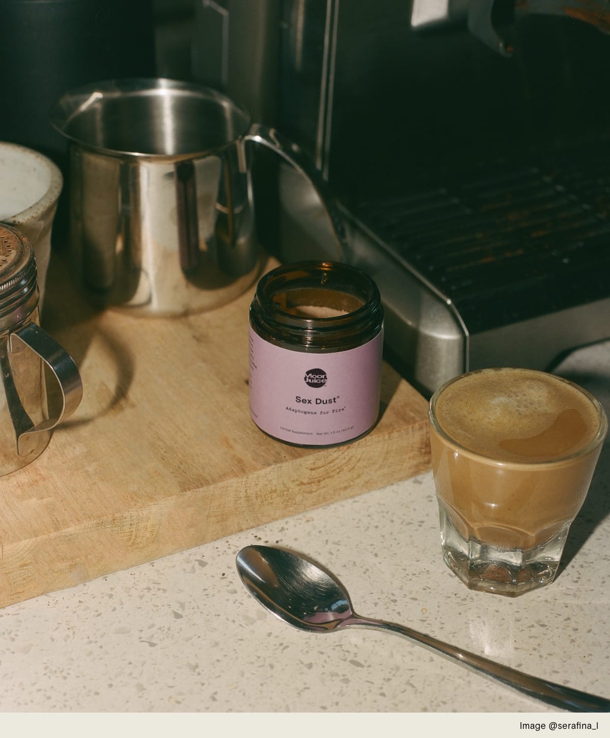 Sex Dust next to an espresso machine