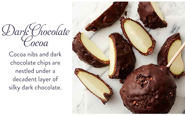 Dark Chocolate Cocoa: Cocoa nibs and dark chocolate chips are nestled under a decadent layer of silky dark chocolate.