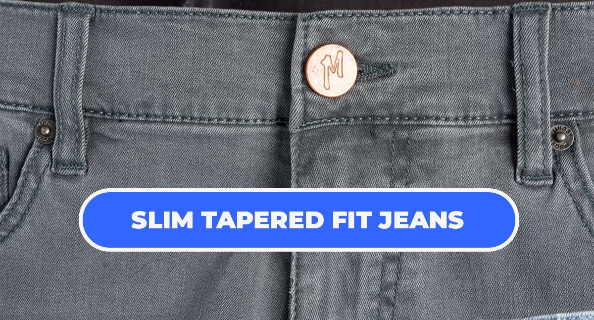 Button to shop tapered fit jeans