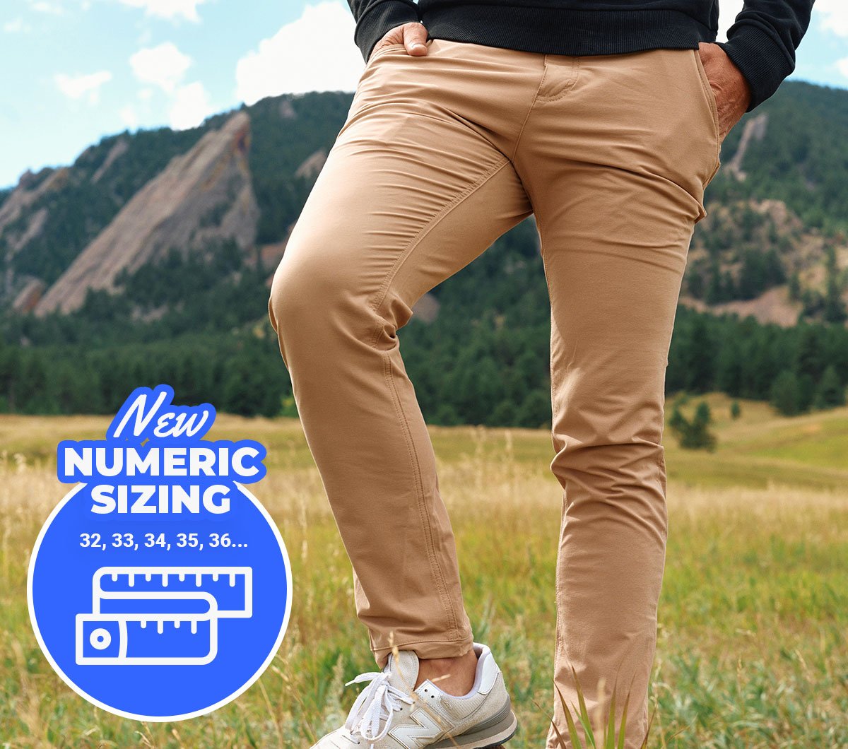 Image of model wearing camel travelers pants. New Numeric sizing.