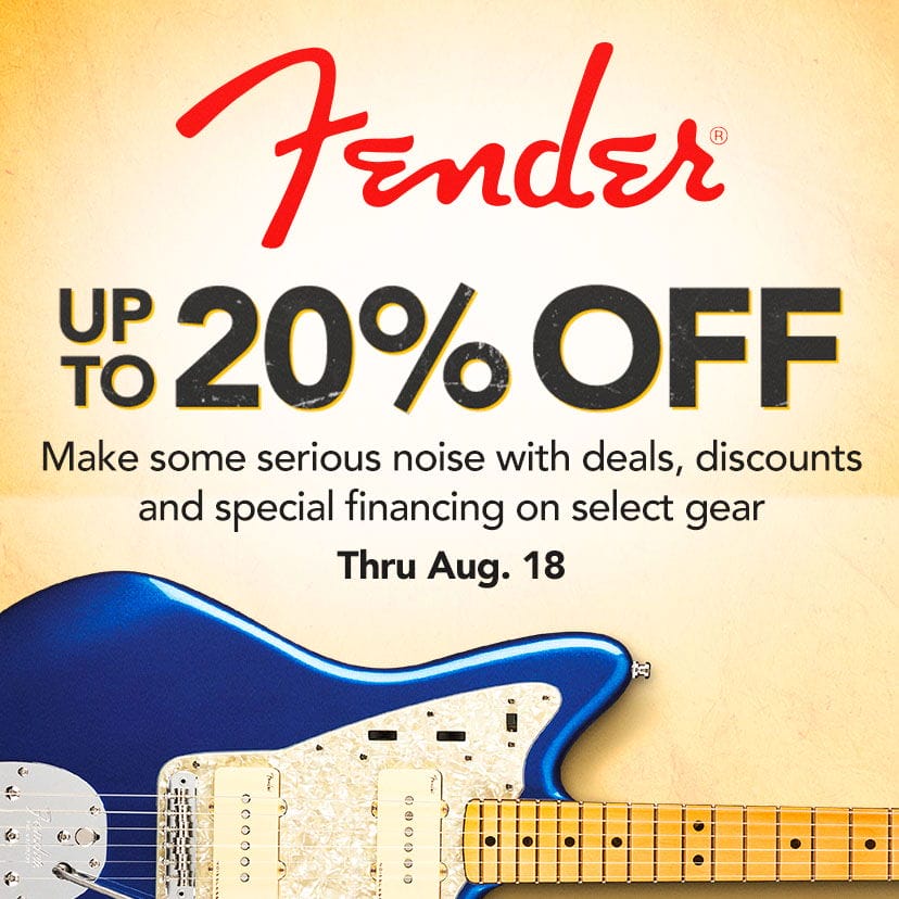 Fender® Up to 20% Off. Make some serious noise with deals, discounts and special financing on select gear. Thru Aug. 18. Shop Now.