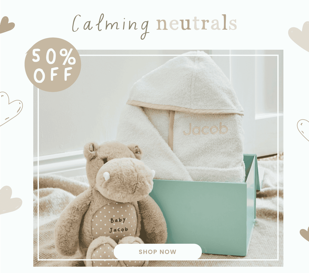Personalised Ivory Towelling Robe & Hippo Soft Toy Gift Set