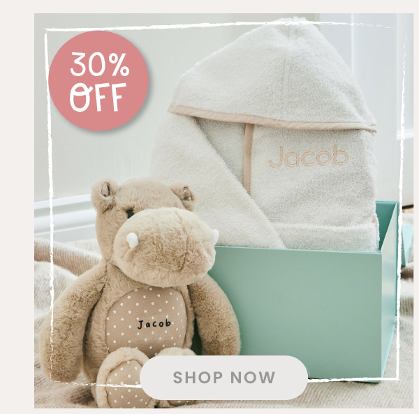 Personalised Ivory Towelling Robe & Hippo Soft Toy Gift Set