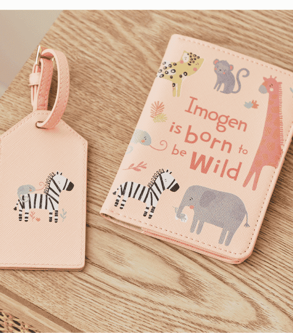 Personalised Pink Safari Baby Passport Holder & Luggage Tag Set