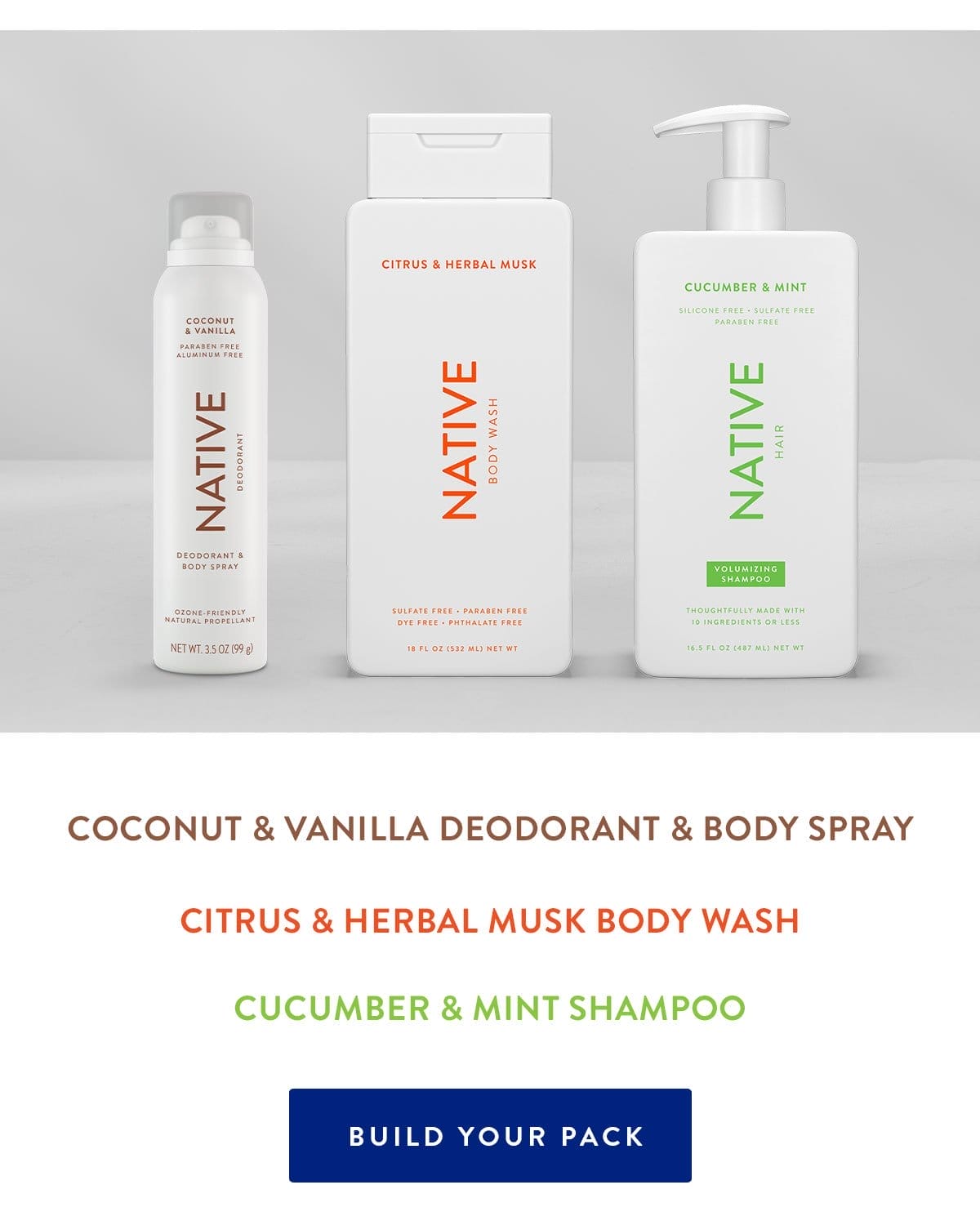 Coconut & Vanilla Deodorant & Body Spray | Citrus & Herbal Musk Body Wash | Cucumber & Mint Shampoo | BUILD YOUR PACK