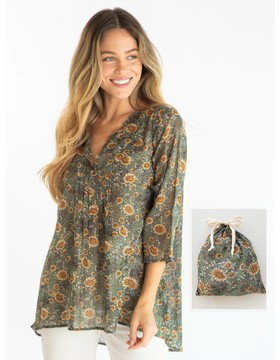 Cotton Tunic-In-A-Bag - Green Sunflower Butterflies