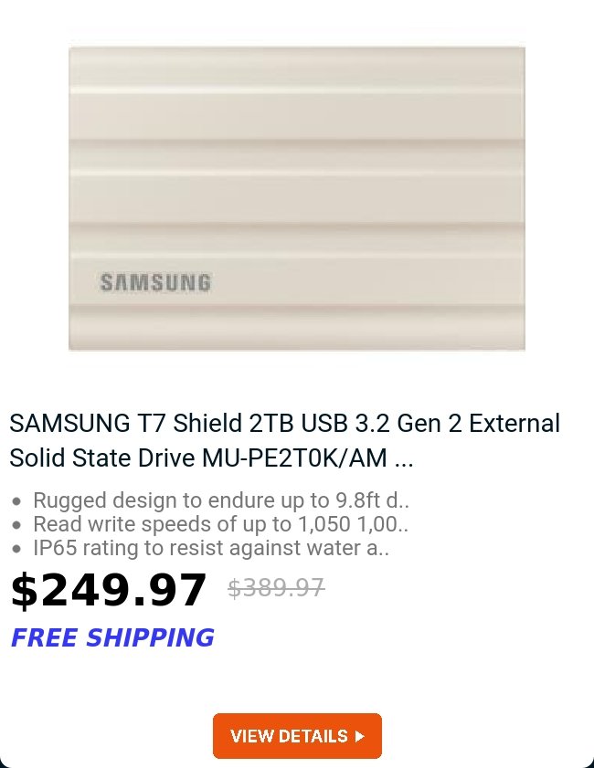 SAMSUNG T7 Shield 2TB USB 3.2 Gen 2 External Solid State Drive MU-PE2T0K/AM ...