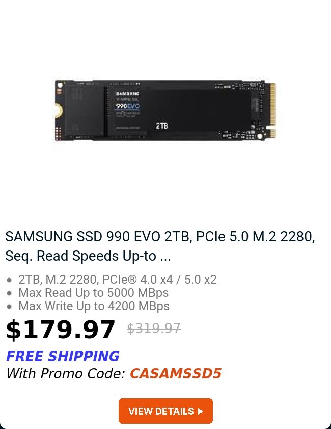 SAMSUNG SSD 990 EVO 2TB, PCIe 5.0 M.2 2280, Seq. Read Speeds Up-to ...
