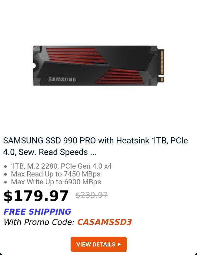 SAMSUNG SSD 990 PRO with Heatsink 1TB, PCIe 4.0, Sew. Read Speeds ...