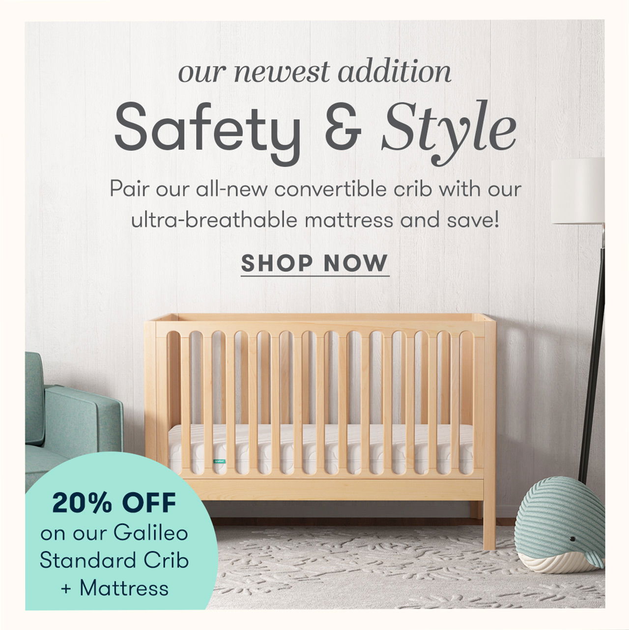 Save 20% on our Galileo Standard Crib + Mattress