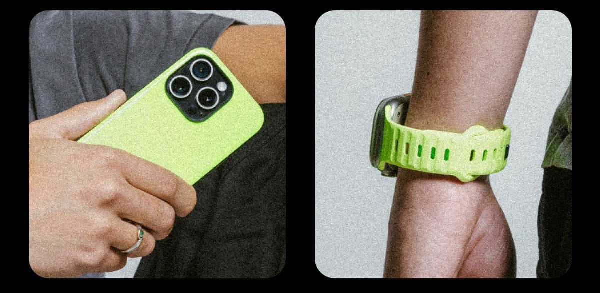 Glow 2.0 Sport Band for Apple Watch, and Glow 2.0 Sport Case for iPhone 15.