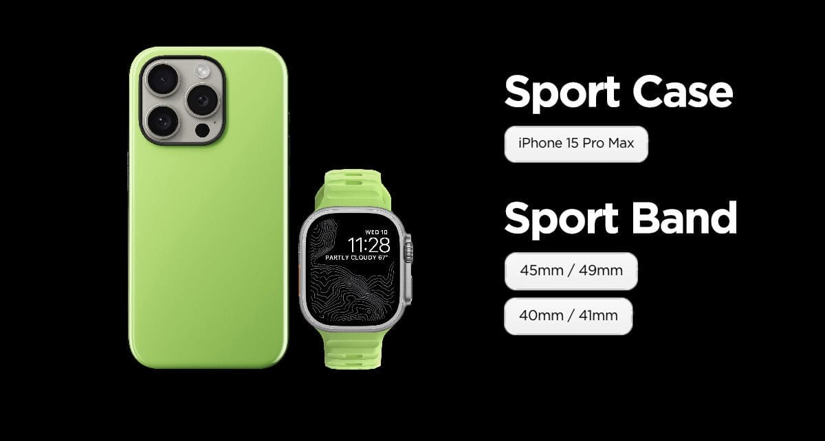 Glow 2.0 Sport Band for Apple Watch, and Glow 2.0 Sport Case for iPhone 15.