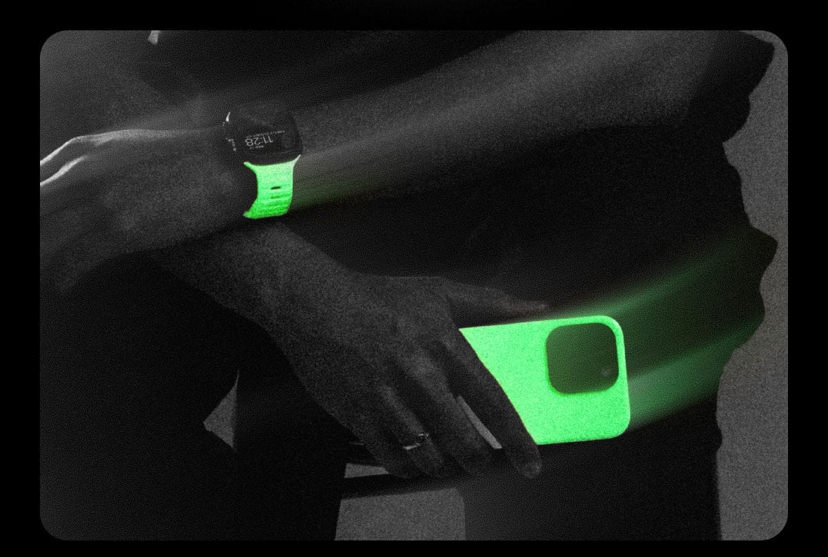 Glow 2.0 Sport Band for Apple Watch, and Glow 2.0 Sport Case for iPhone 15.