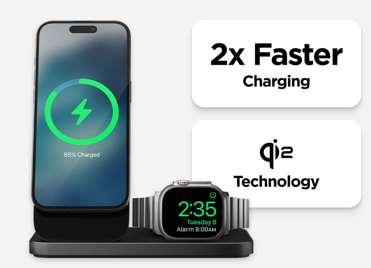 Stand One Max 3rd gen is 2x faster than regular wireless charging. It uses Qi 2 technology.